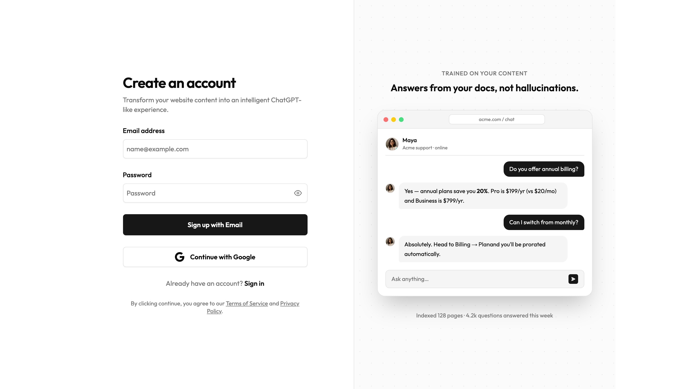 MagicChat sign up page with email and Google options.