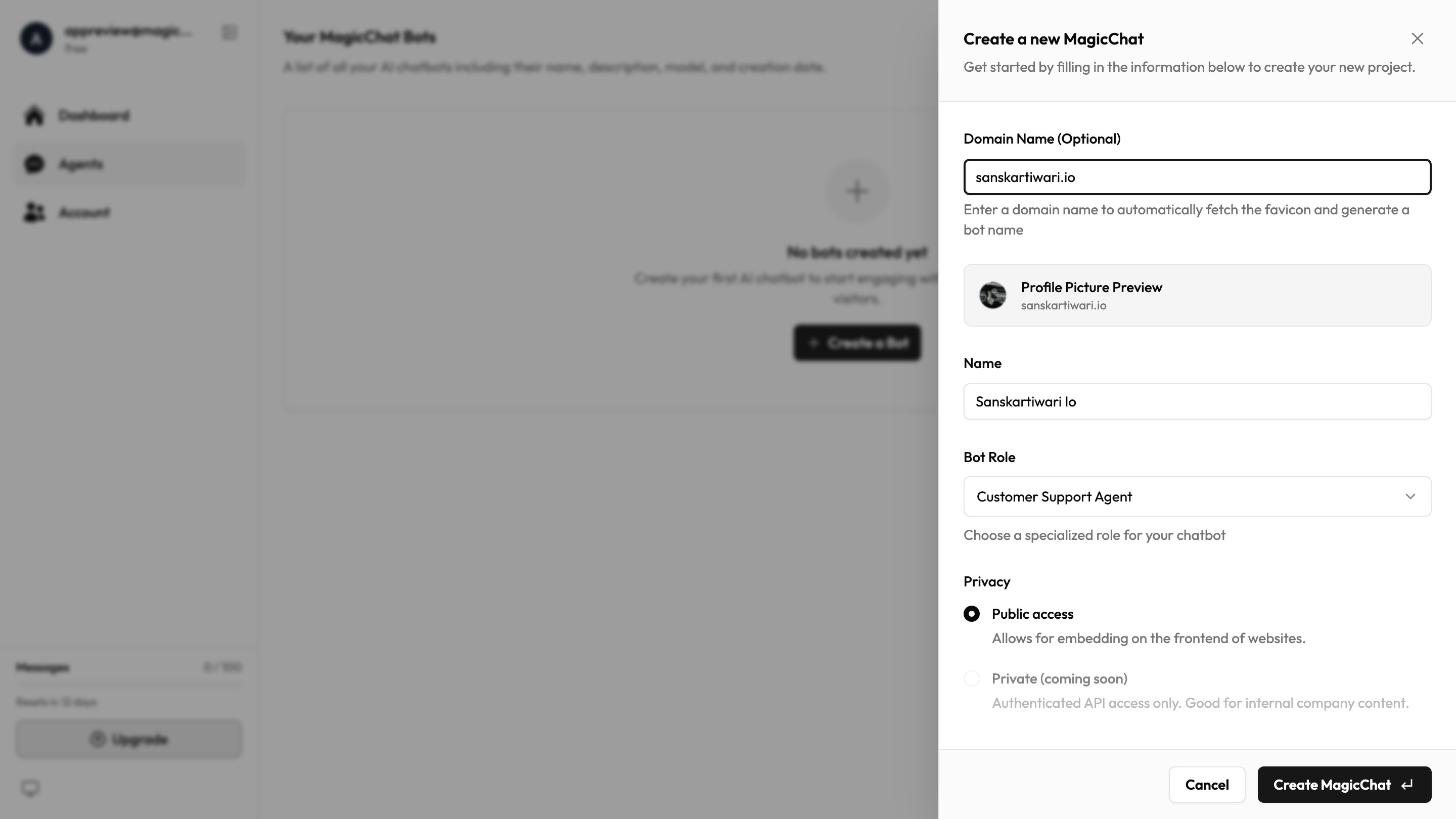 Create a new MagicChat dialog with a domain name field, showing an automatic profile picture preview.
