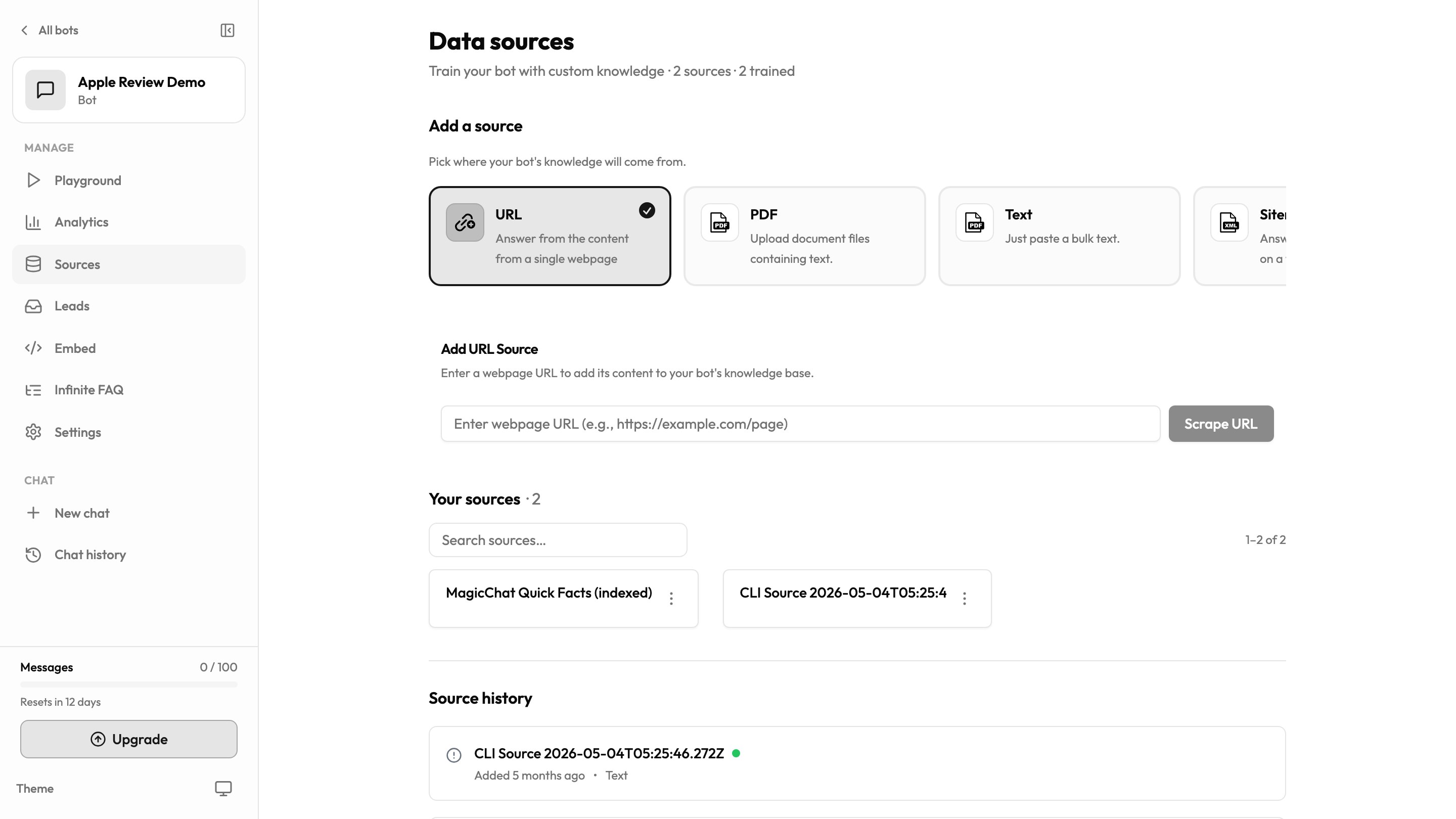 Data sources page showing a bot fully trained on its indexed pages.