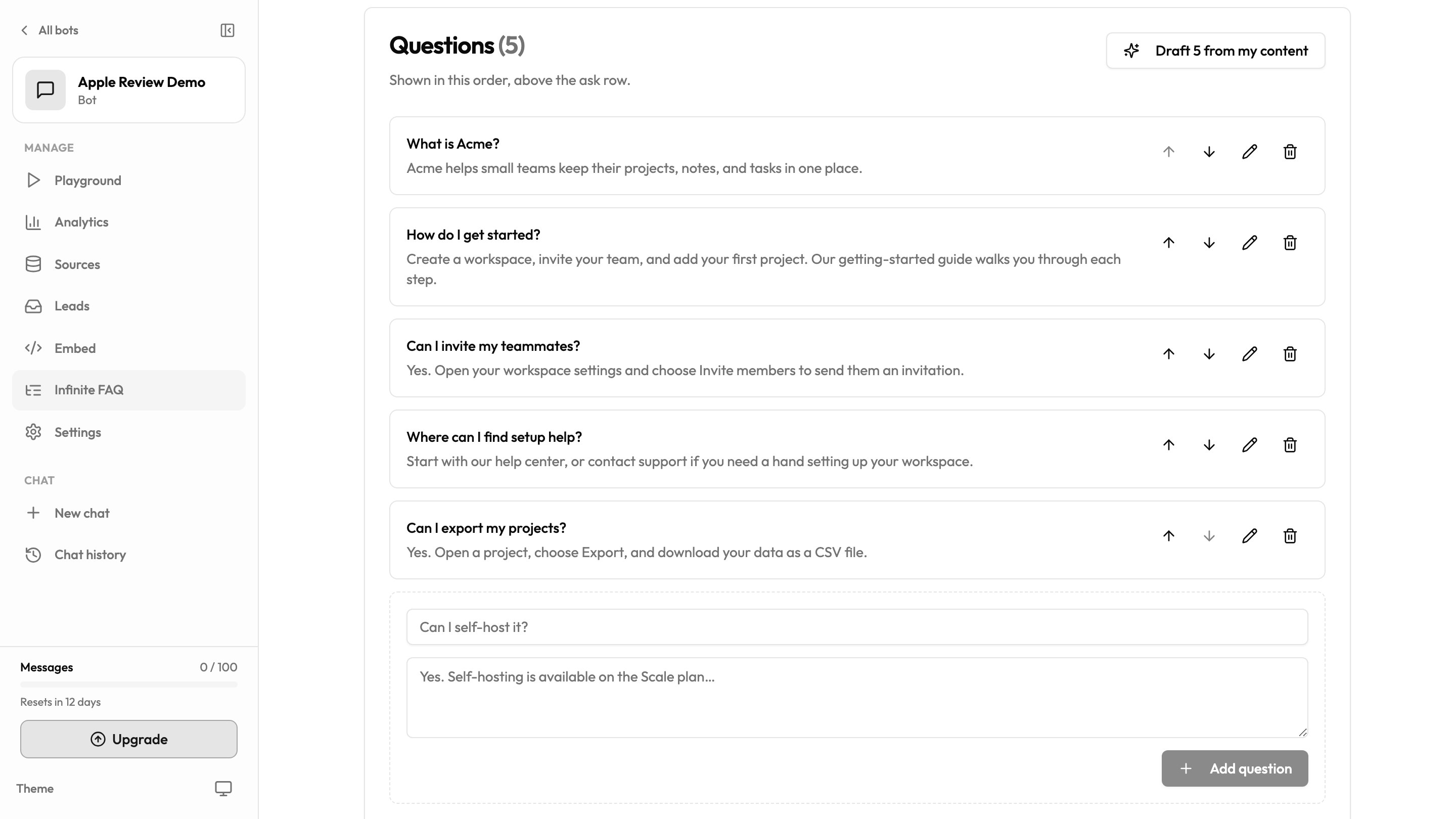 Infinite FAQ Questions panel with five AI-drafted questions and answers.